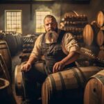 a brewer working and inspects oak barrels for fermentation