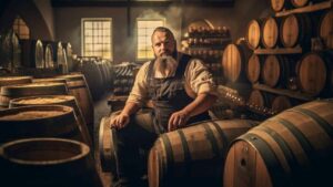 a brewer working and inspects oak barrels for fermentation