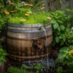 fresh plant growth in rustic barrel container generated by ai