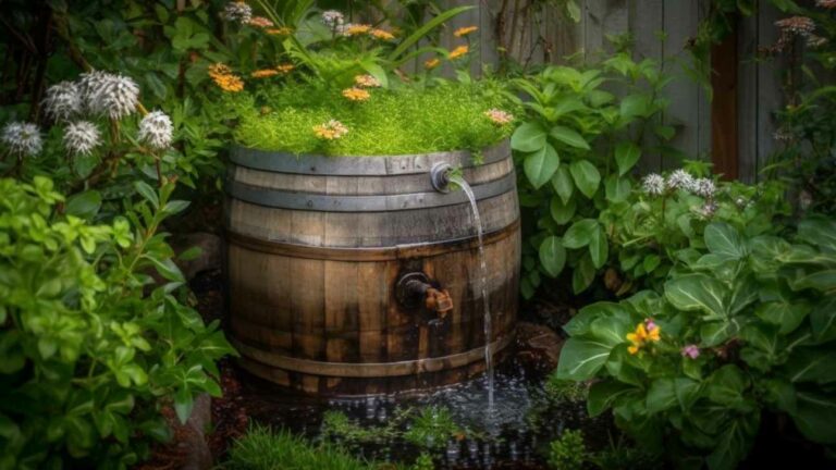 fresh plant growth in rustic barrel container generated by ai