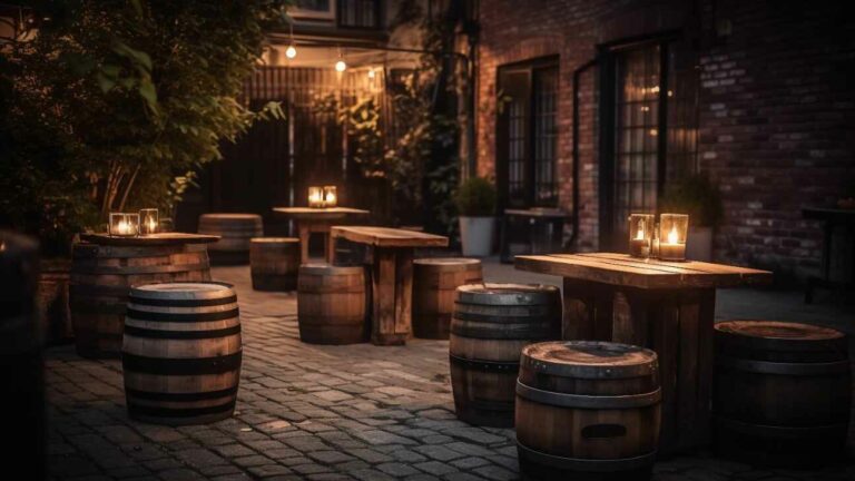 rustic winery illuminates old fashioned barrel stack